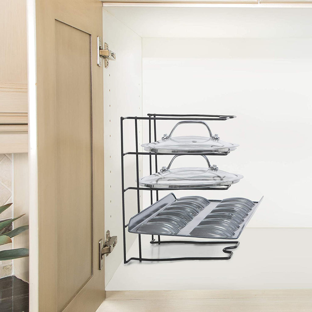 Bakeware and Lid Storage Rack with 4-Compartment Dividers